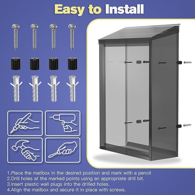 Wall Mounted Waterproof Post Box with Lock, Viewing Windows, Rain Cover