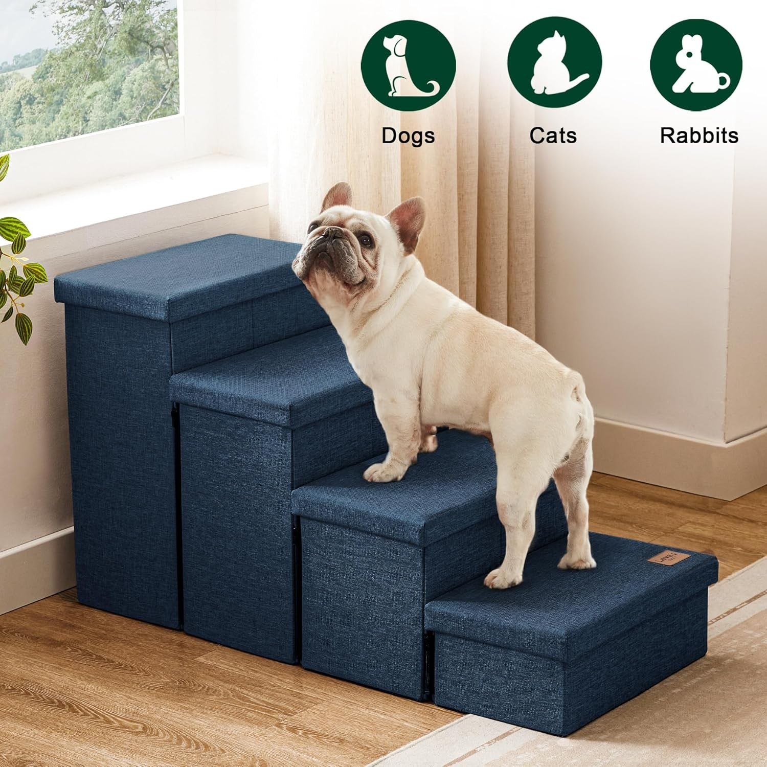 Dog Stairs 4 Step with Storage Foldable Pet Steps Navy Blue 200lb