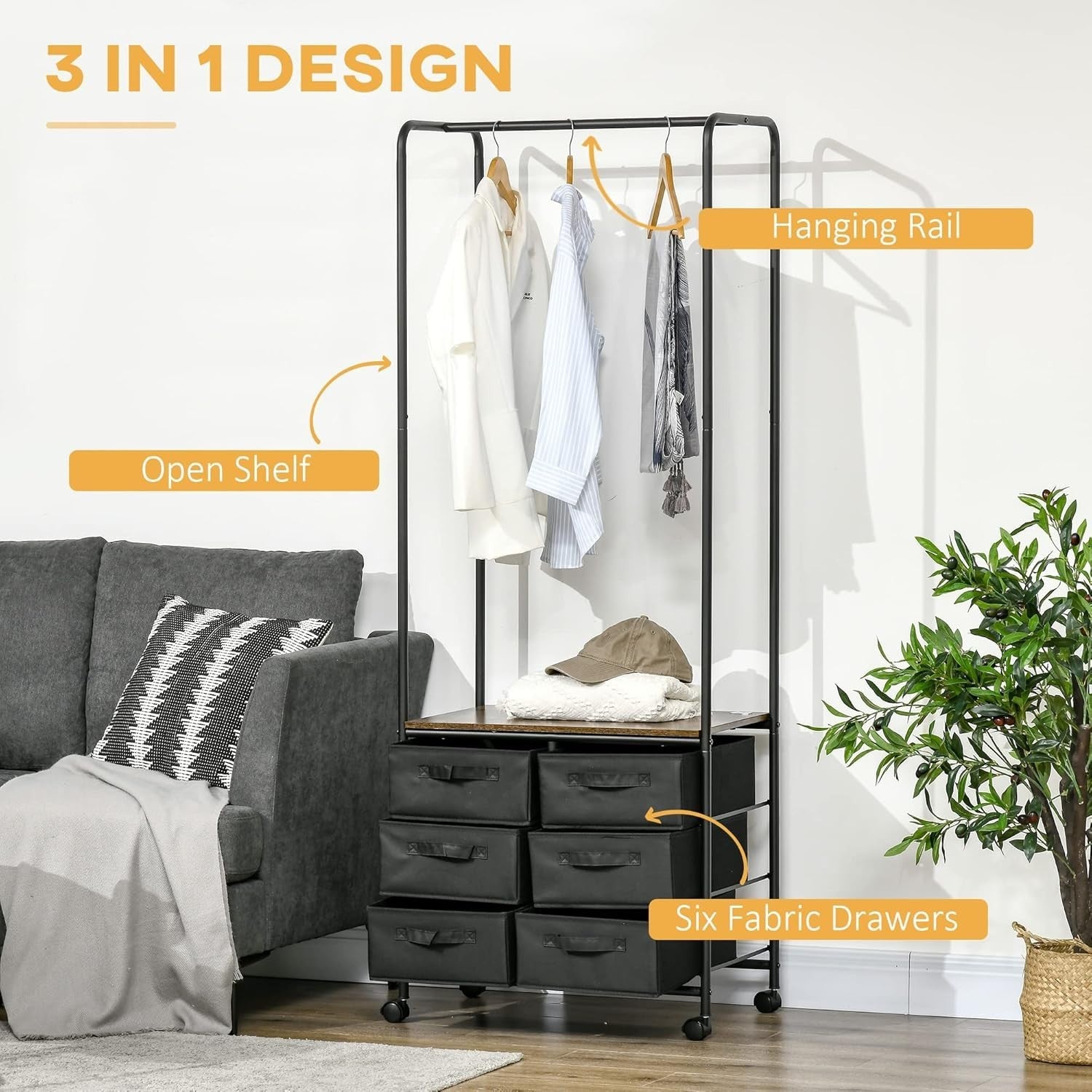 Clothes Rail Industrial Wardrobe with 6 Drawers Rustic Brown