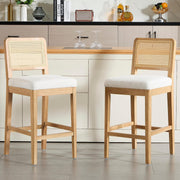 White Chenille Bar Stool Set of 2 with Rattan Back Wooden Legs