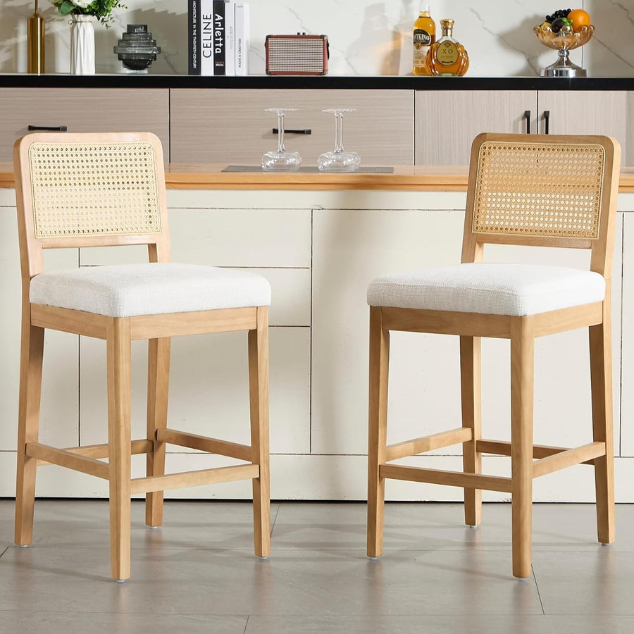 White Chenille Bar Stool Set of 2 with Rattan Back Wooden Legs