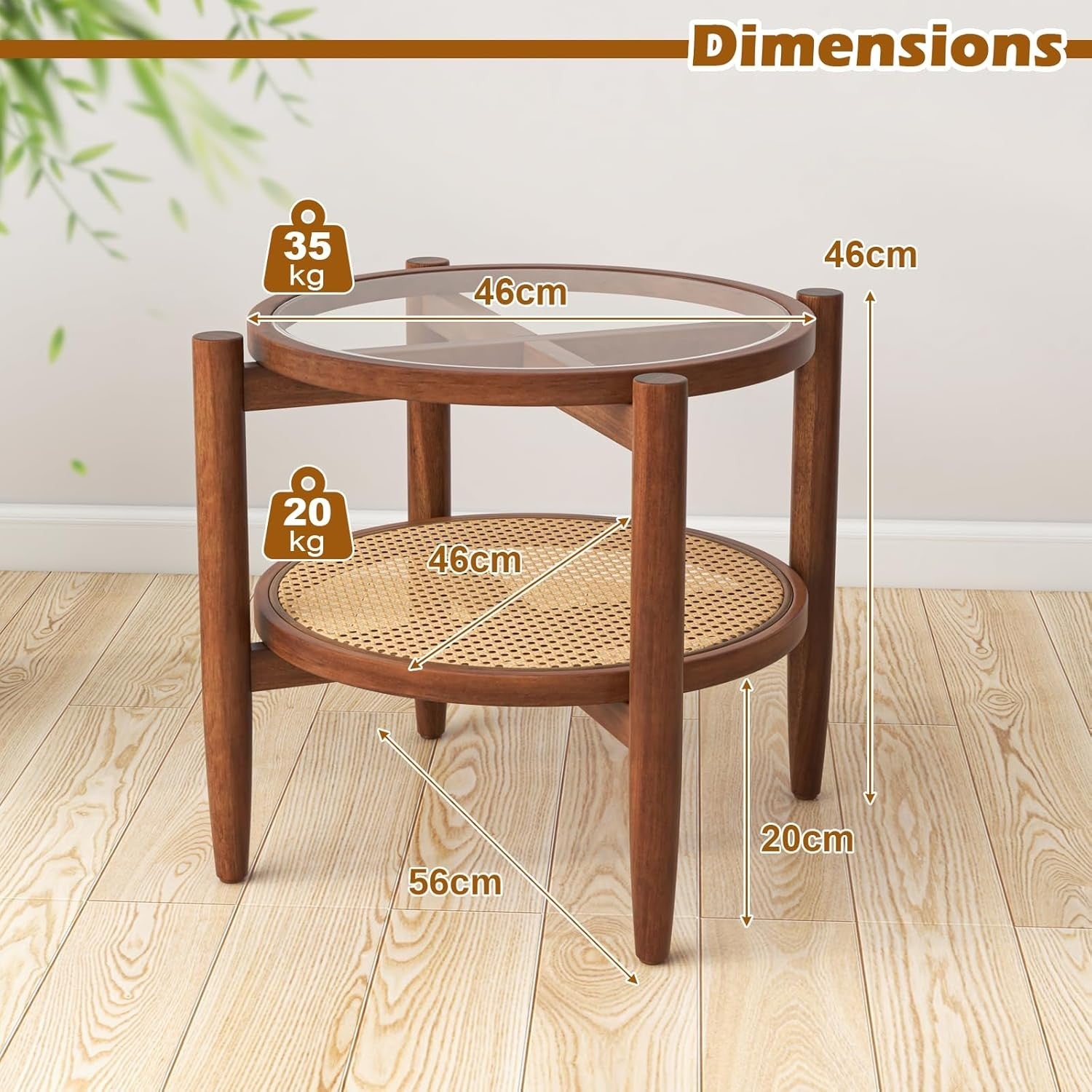 2-Tier Rattan Round Side Tables with Tempered Glass Top & Acacia Wood Legs (2PCS