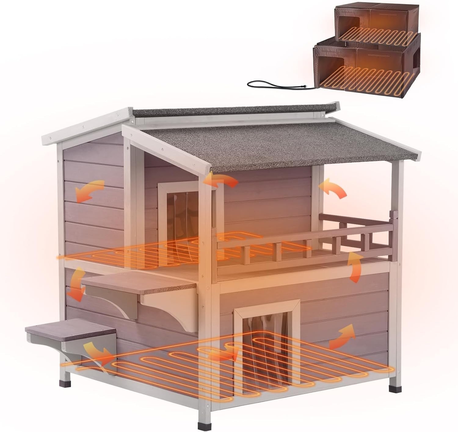 Heated 2-Level Outdoor Cat House with Insulated Liner & Escape Doors