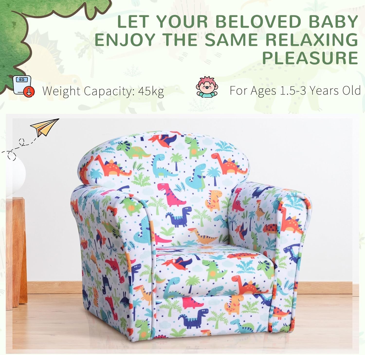 Kids Dinosaur Armchair Flannel Sofa Tub Chair Wooden Frame Bedroom