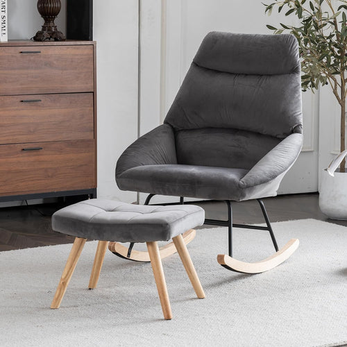Rocking Chair with Footstool & Neck Pillow, Ergonomic Recliner for Nursery & Liv