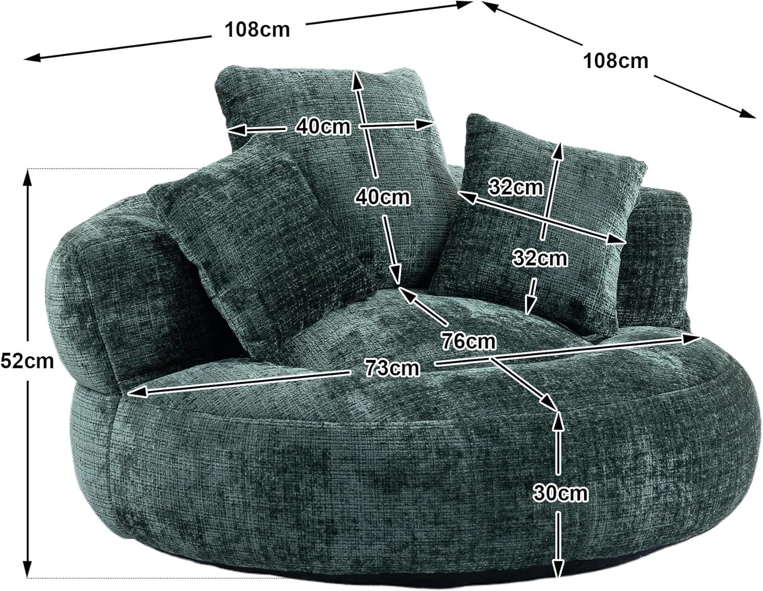 Emerald Oversized Bean Bag Chair Sofa w/ Pillows, Gaming, Lounge, Indoor/Outdoor