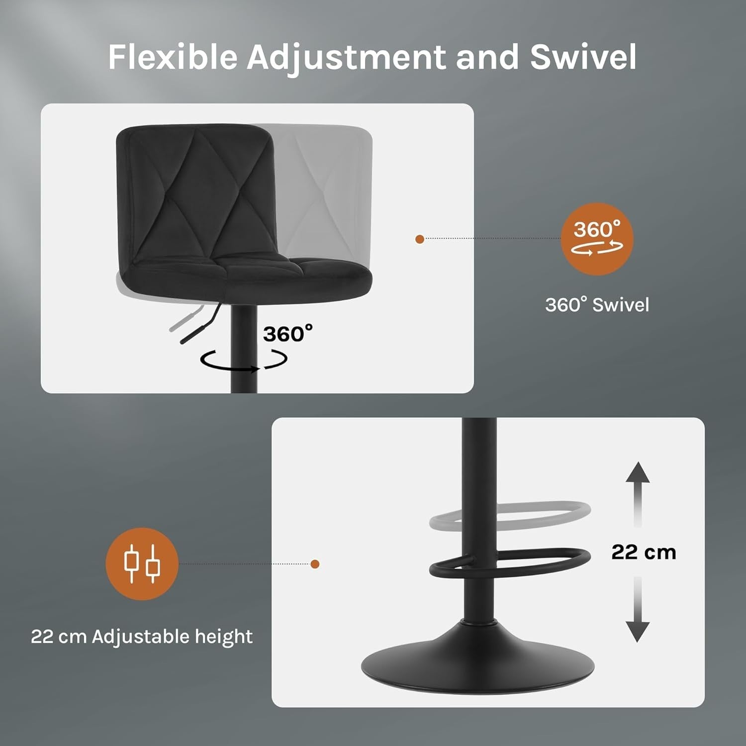 Set of 2 Black Velvet Bar Stools Square Seat Swivel & Adjustable 60-80cm