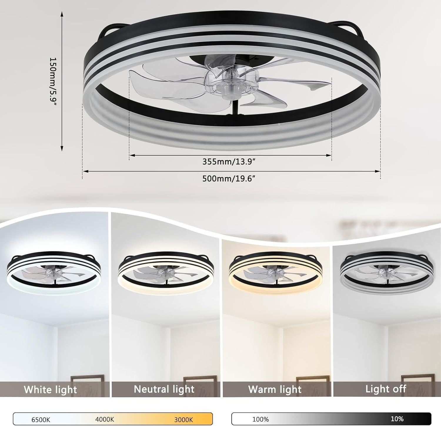 LED Ceiling Fan with Light, Dimmable, 6 Speeds, Modern, Black