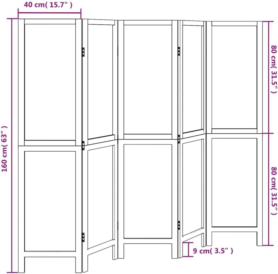 5 Panel Dark Brown Wooden Room Divider 180x150cm Folding Privacy Screen Home