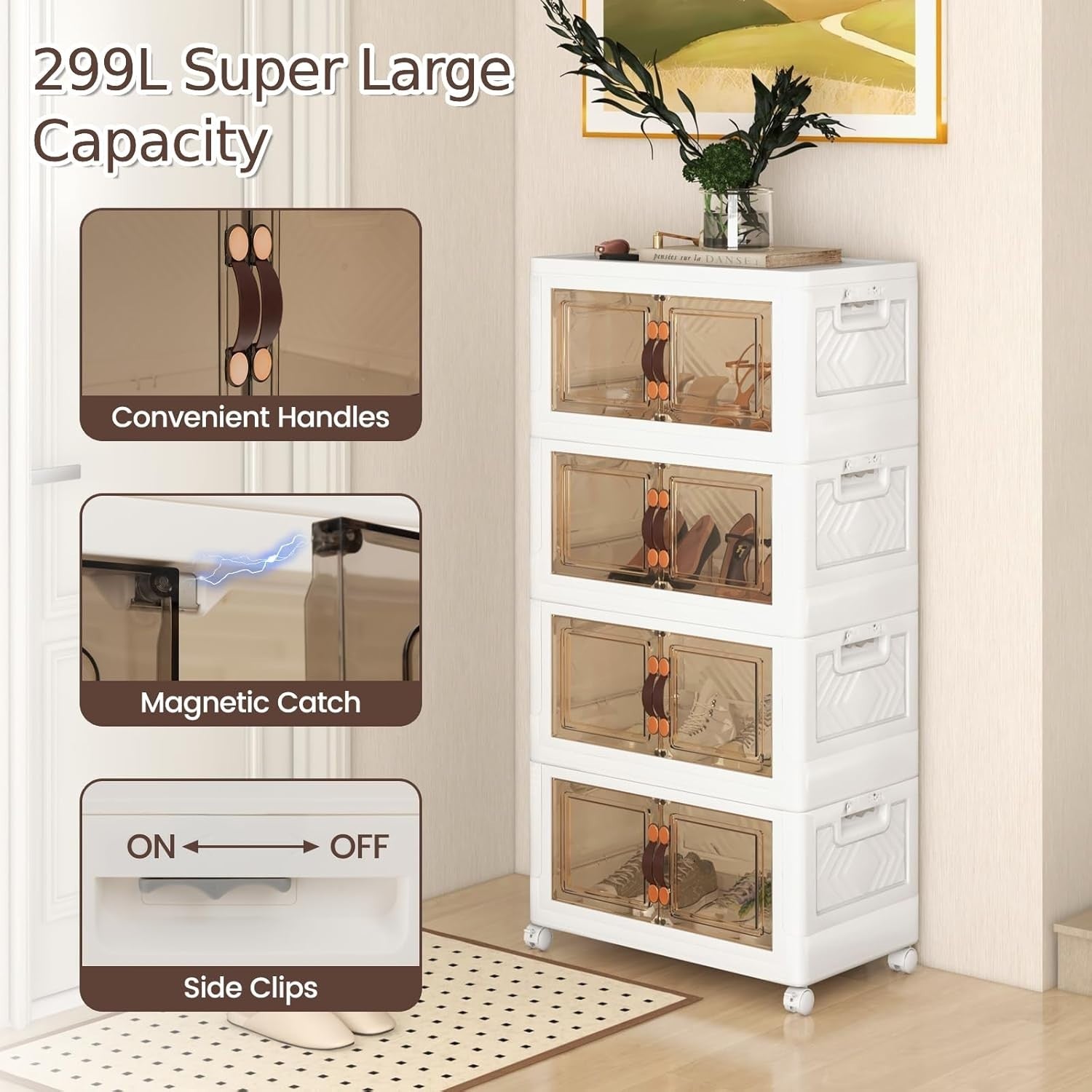 4-Tier Folding Shoe Storage Cabinet with Lockable Wheels & Stackable Bins