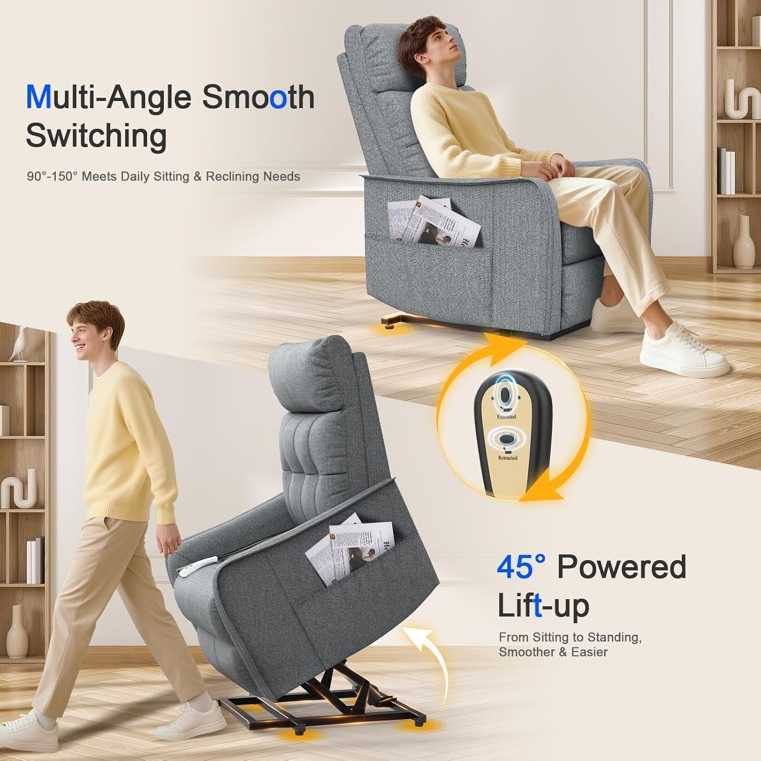 Grey Power Lift Recliner Chair Elderly Massage Heat Remote Controls Footrest