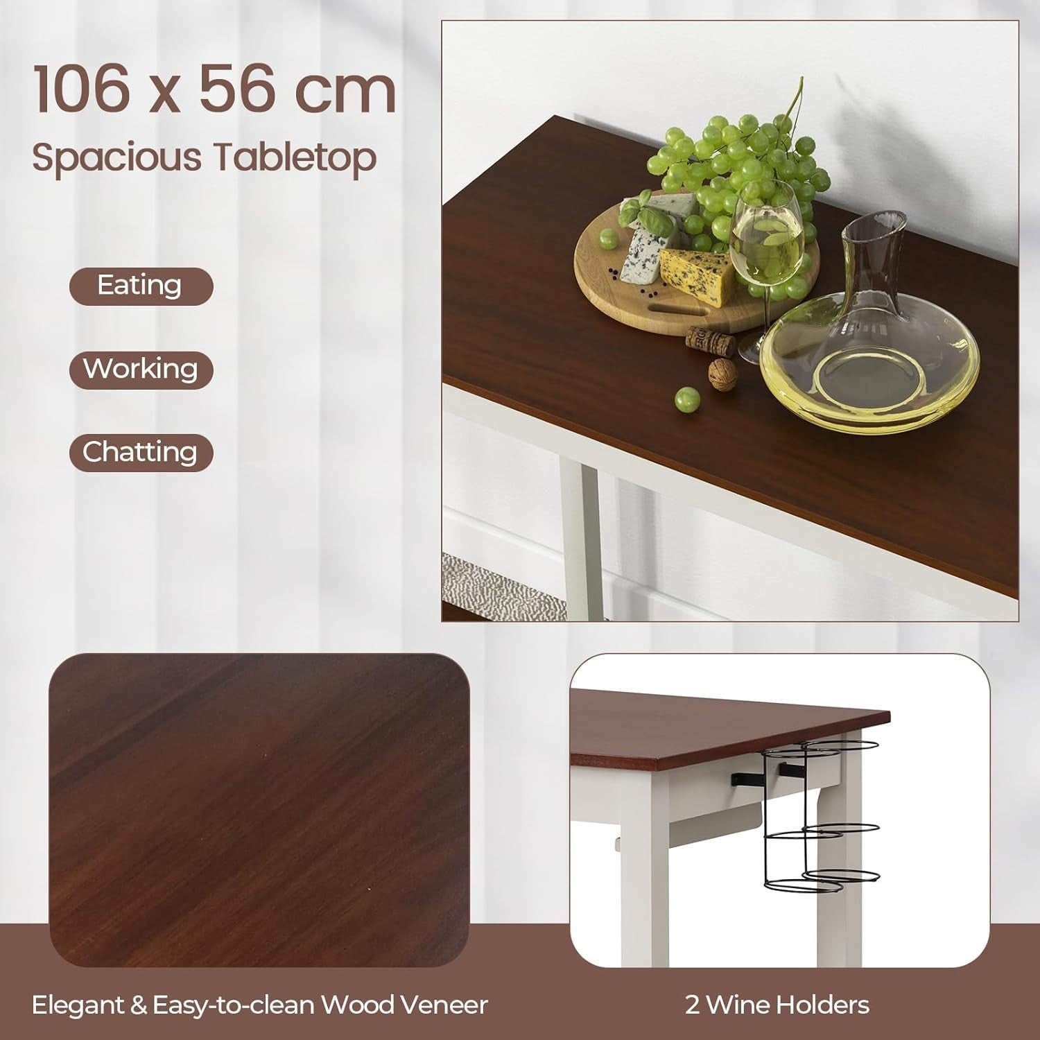 3-Piece Bar Table Set with Stools, Wine Racks & Shelves, Cream White/Walnut