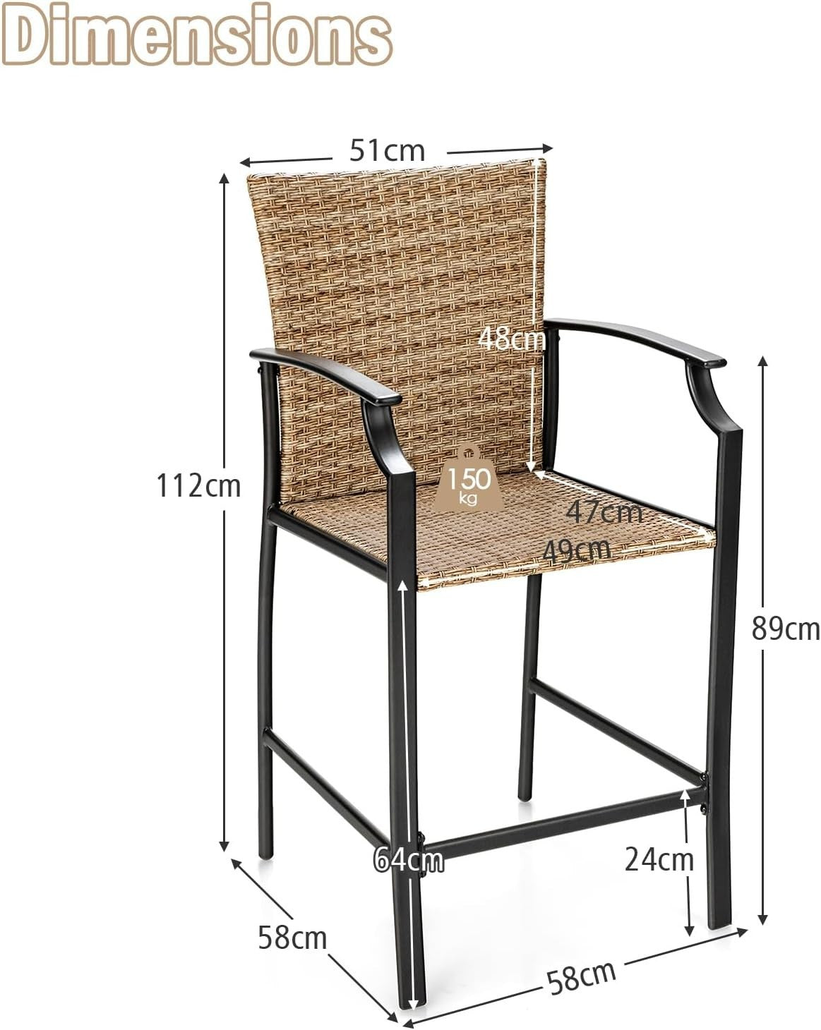 Rattan Bar Chairs Set of 4 High Back Patio Stools Cushioned Garden Seating