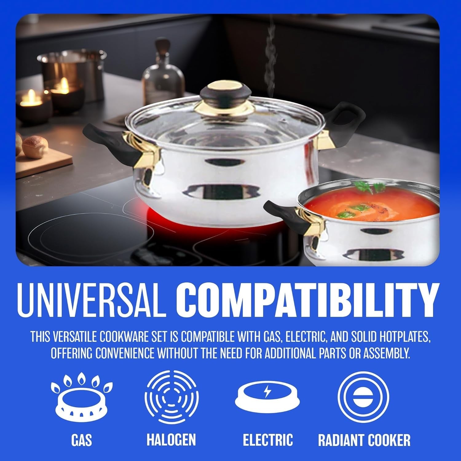 12pcs Stainless Steel Cookware Set with Glass Lids Saucepan Frying Pot