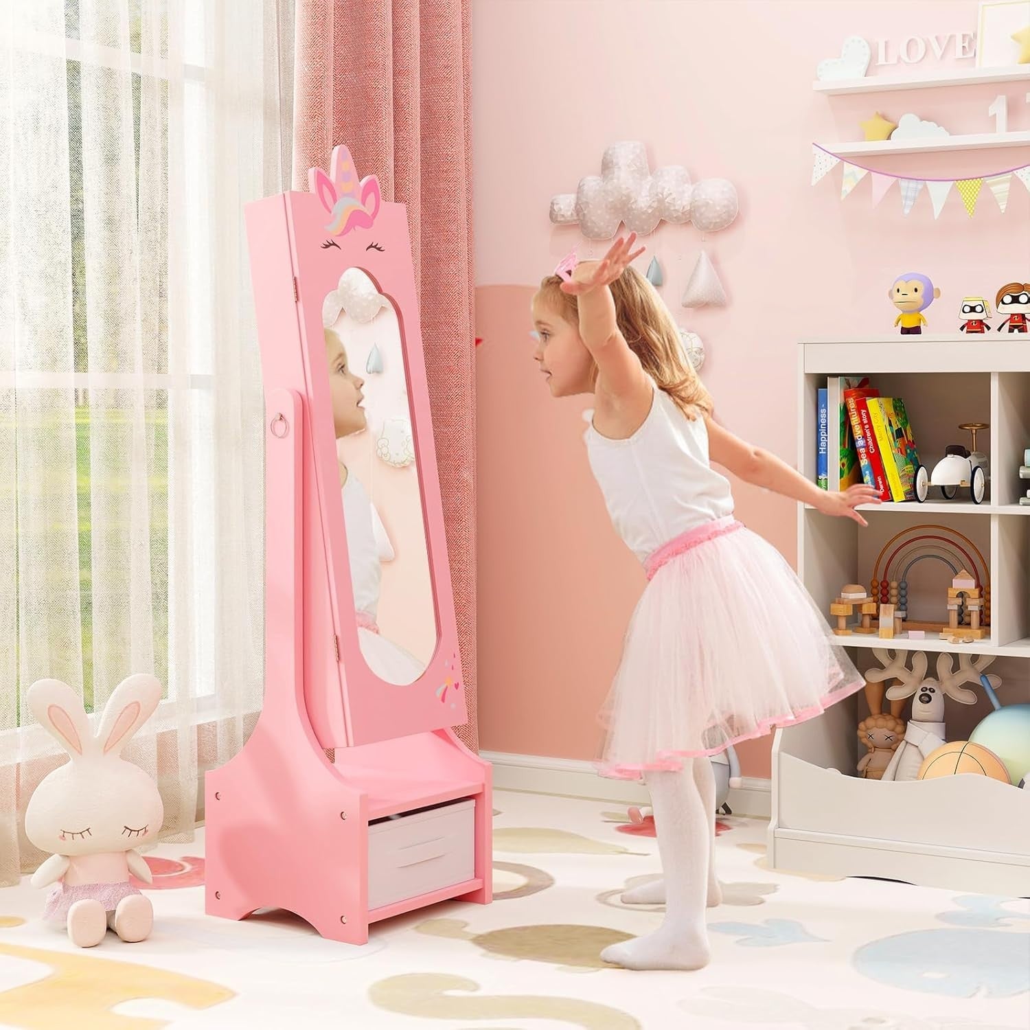 Kids Jewelry Armoire Mirror Storage Cabinet Adjustable Dress Up Organizer