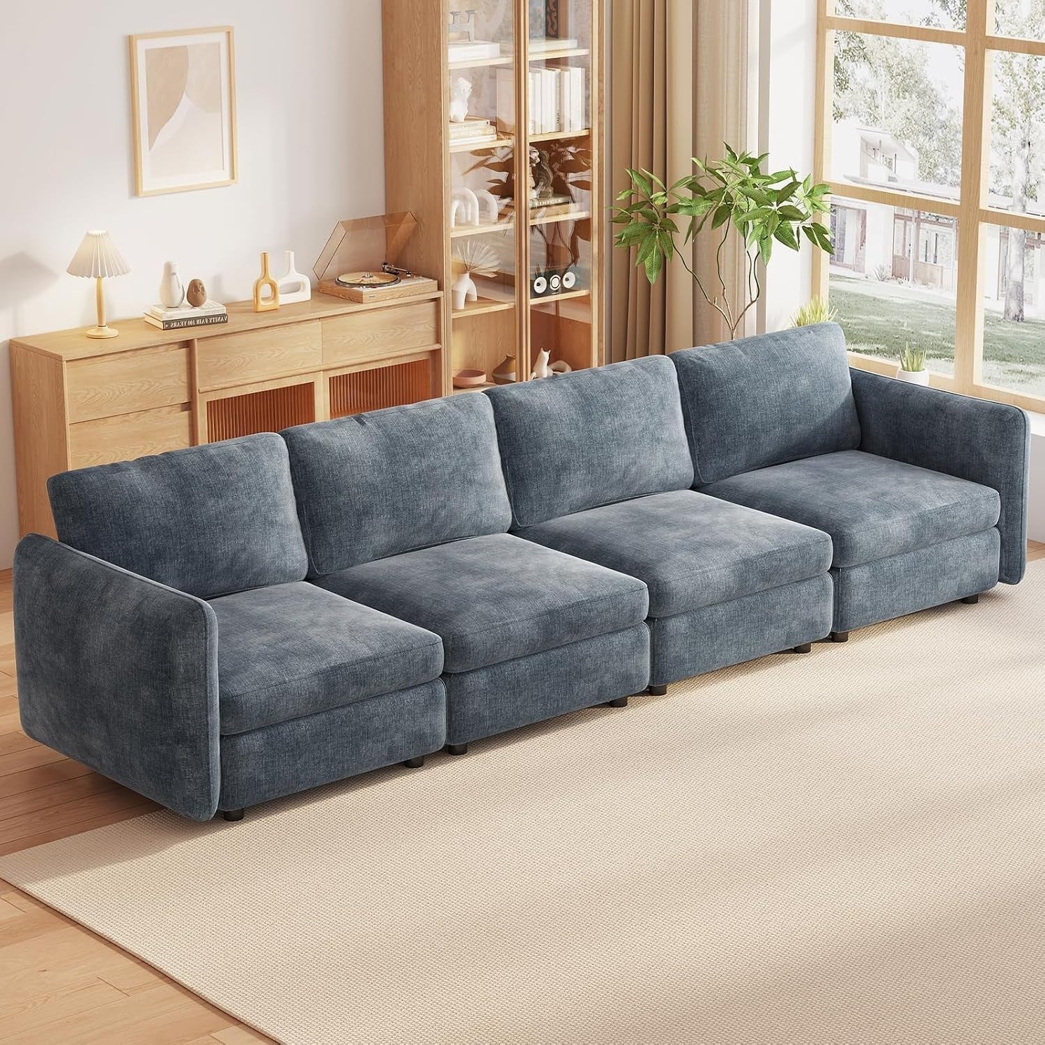 Modern 4 Seater Sofa Blue-Grey Deep Cushions 305CM Ergonomic Couch