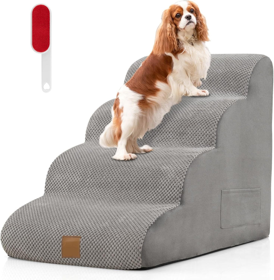 4 Tier Dog Stairs Non Slip Foam Pet Steps Removable Cover Grey
