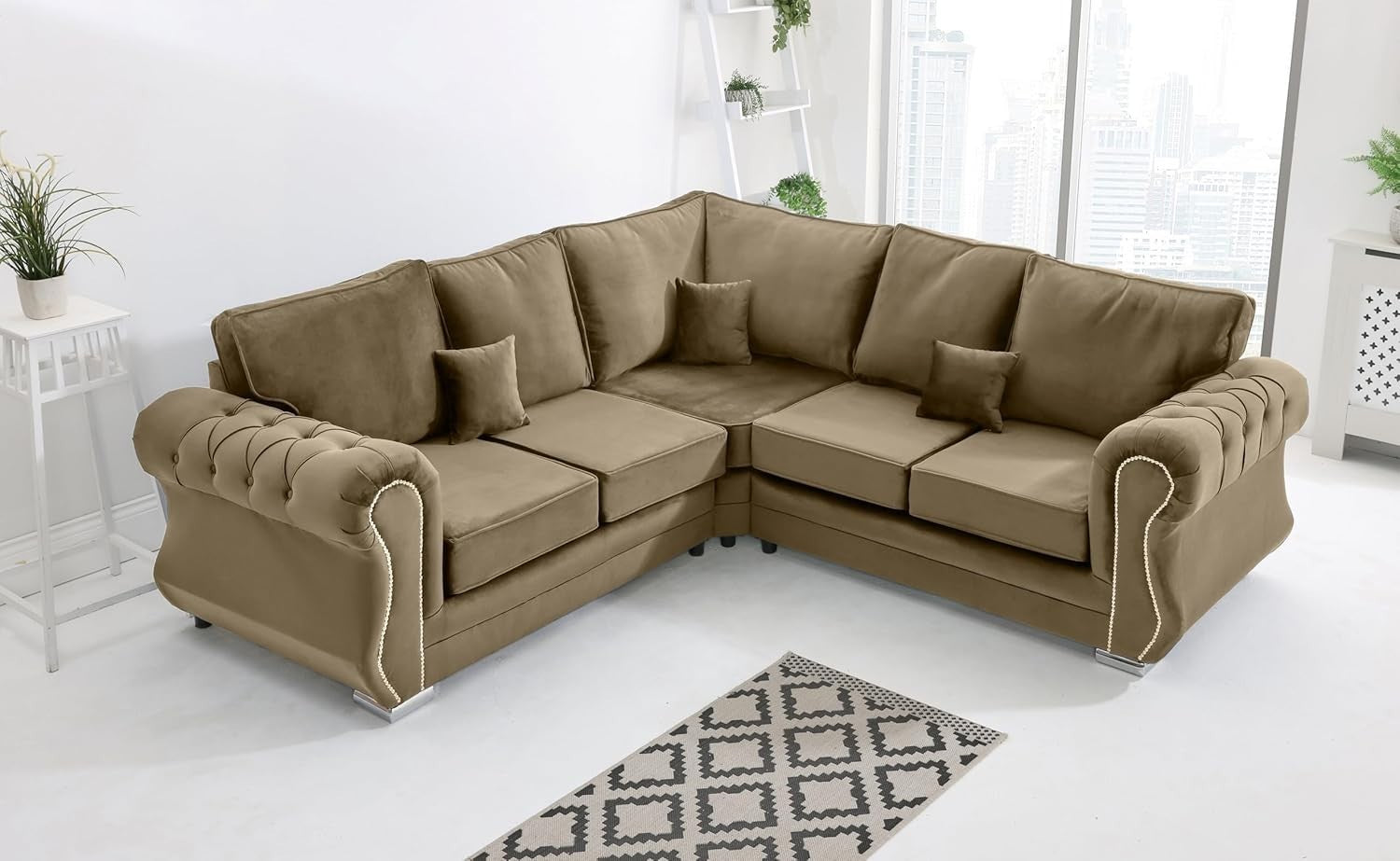 Mink Velvet Corner Sofa 5 Seater Plush Fabric, Foam Cushions, Chrome Legs