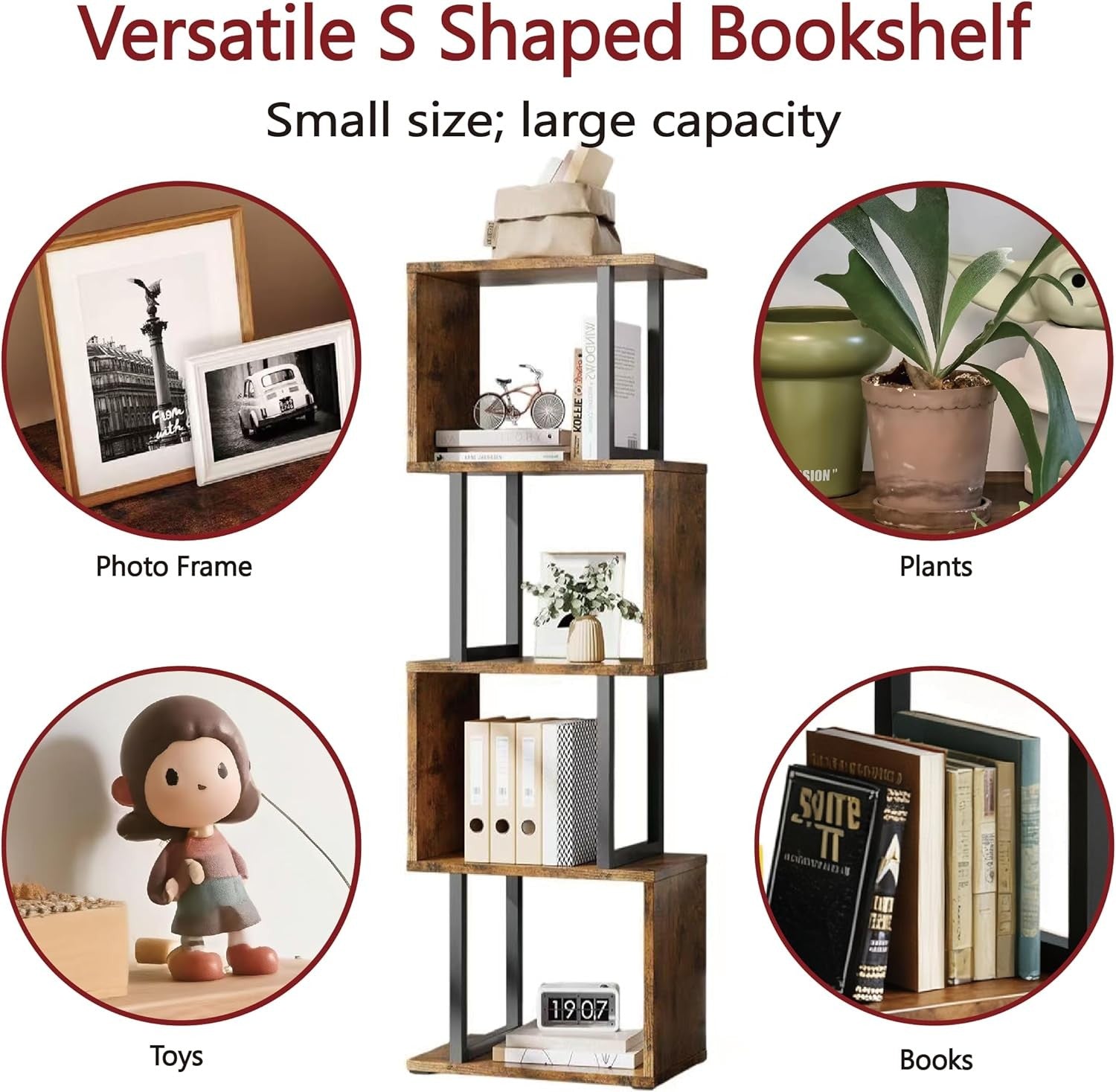 5-Tier S-Shaped Bookcase with LED Lights Rustic Brown Display Storage Shelf Unit