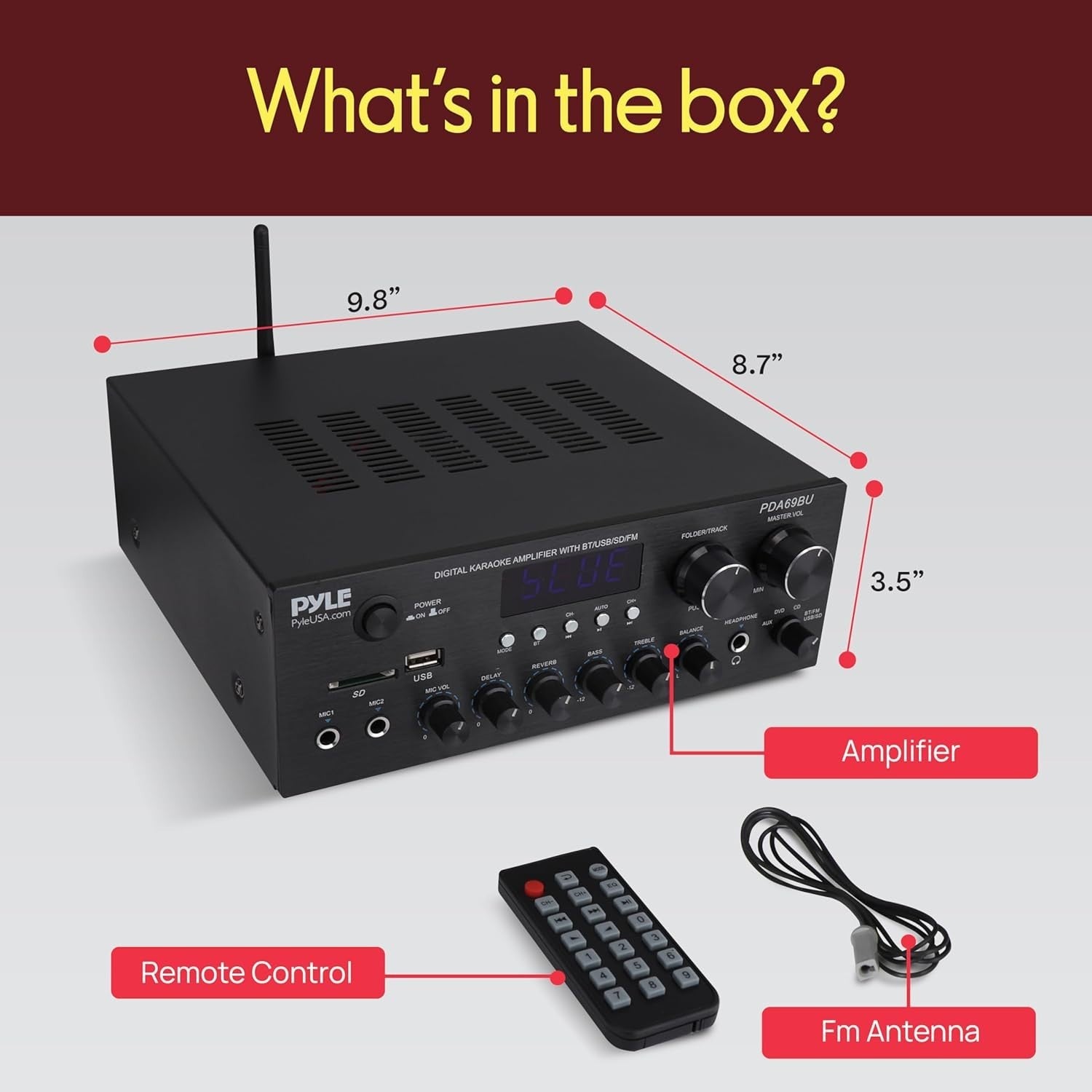 2.0CH Stereo Amplifier Bluetooth USB SD FM Aux RCA Remote Control 38W×2