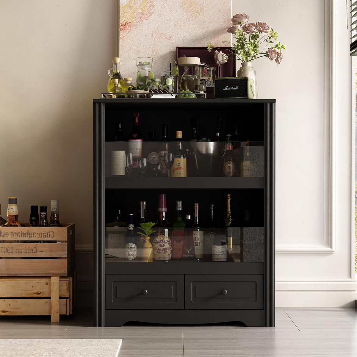 Black Wine Bar Cabinet with Glass Doors & Drawers, Modern Drinks Storage Unit