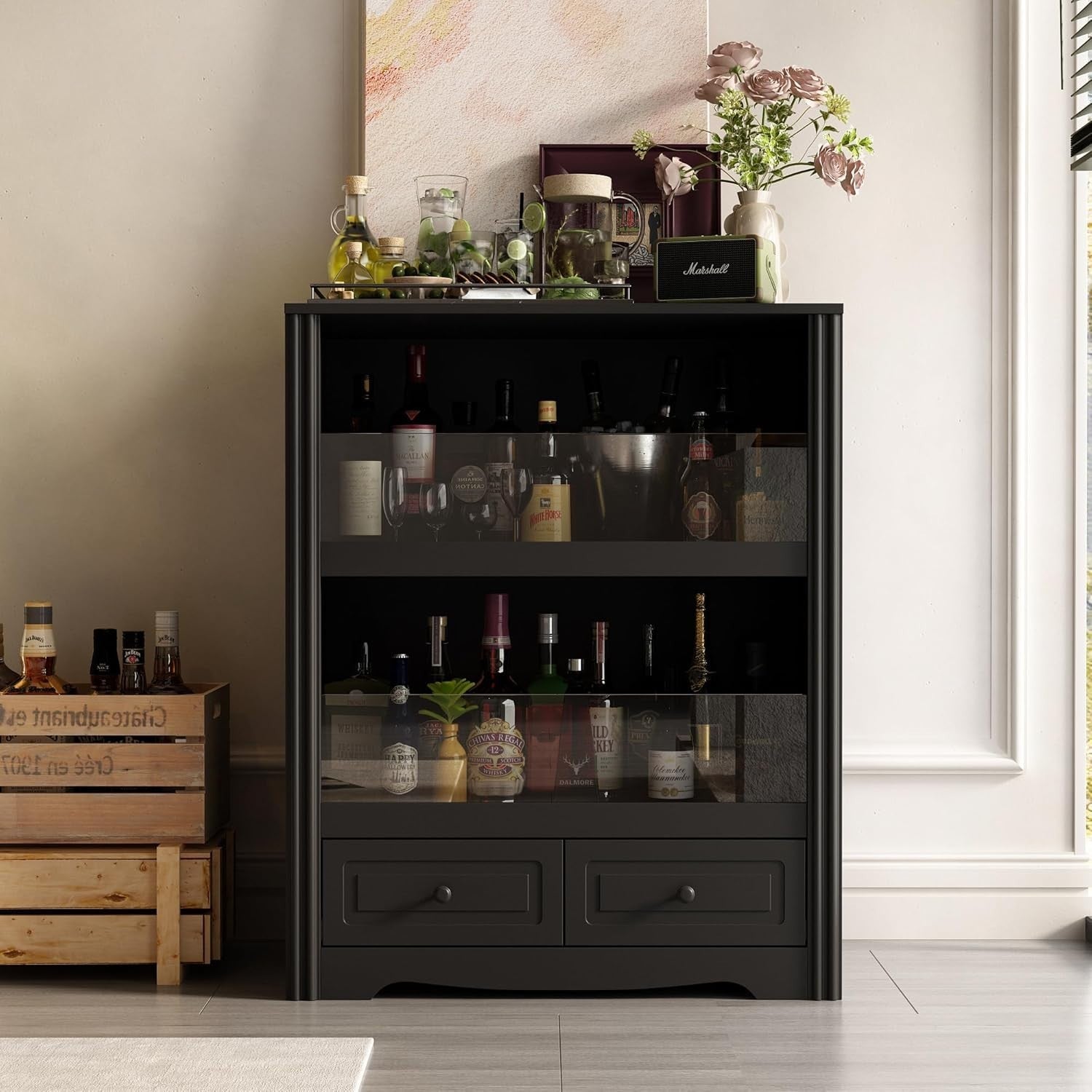 Black Wine Bar Cabinet with Glass Doors & Drawers, Modern Drinks Storage Unit