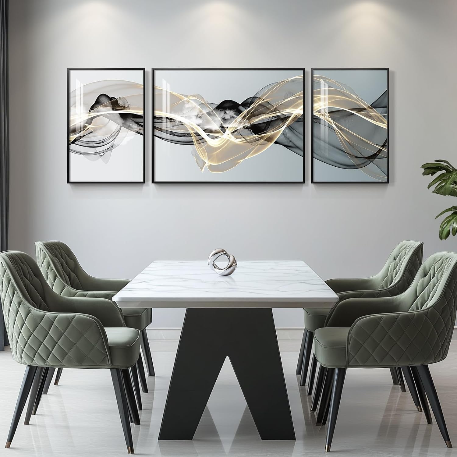 Large Abstract Wall Art Set 3 Piece Framed Modern Luxury Black Gold Prints