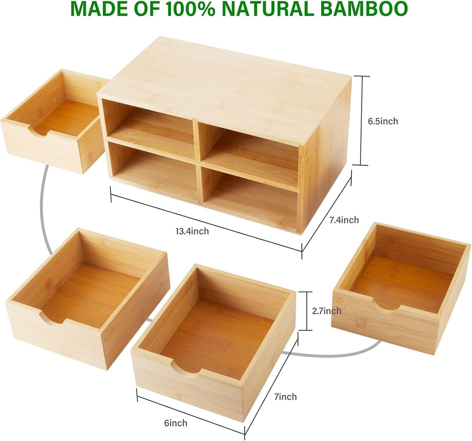 Bamboo Desk Organizer with 4 Drawers | Makeup, Office, Bathroom Storage