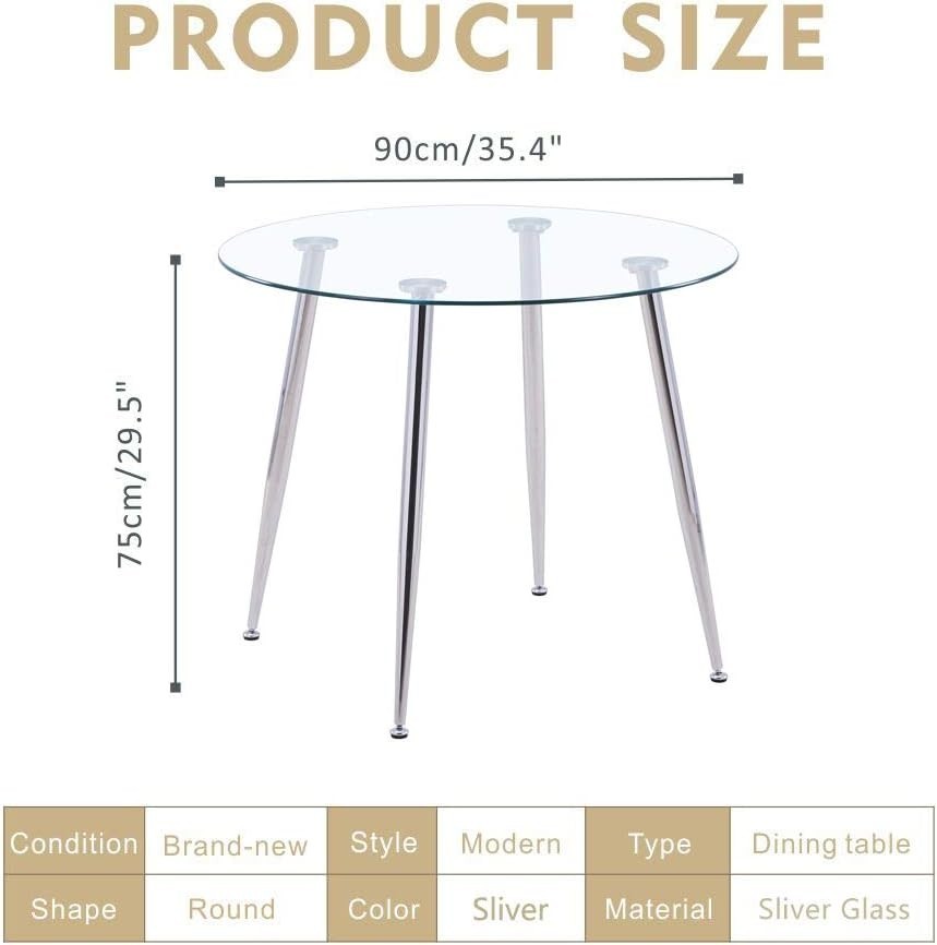 Round Silver Glass Dining Table 90x90x75cm Chrome Legs Modern Kitchen