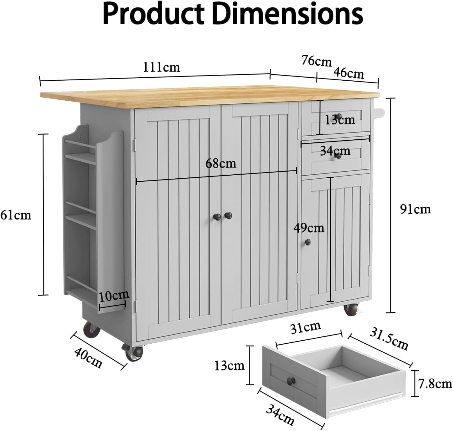 Large Kitchen Island on Wheels Rolling Storage Trolley Extendable Worktop