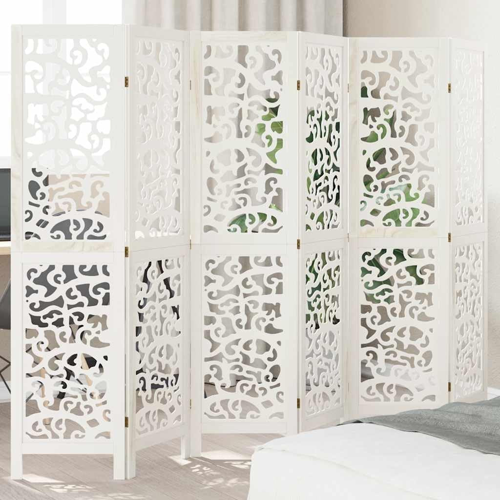 6 Panel White Wood Room Divider 210x215cm Folding Privacy Screen for Bedroom