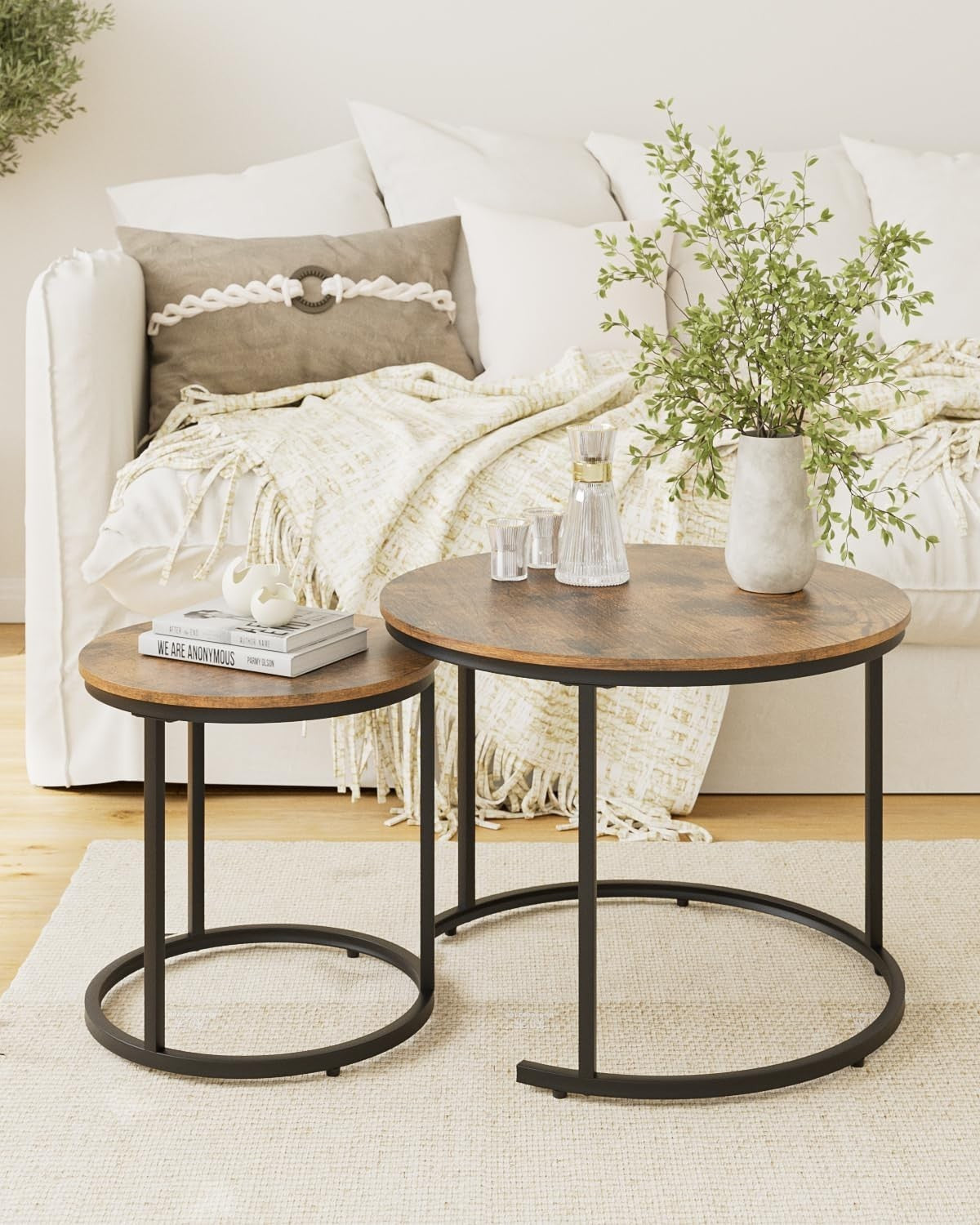 Nest of 2 Round Coffee Table Set Rustic Brown Industrial Easy Assembly