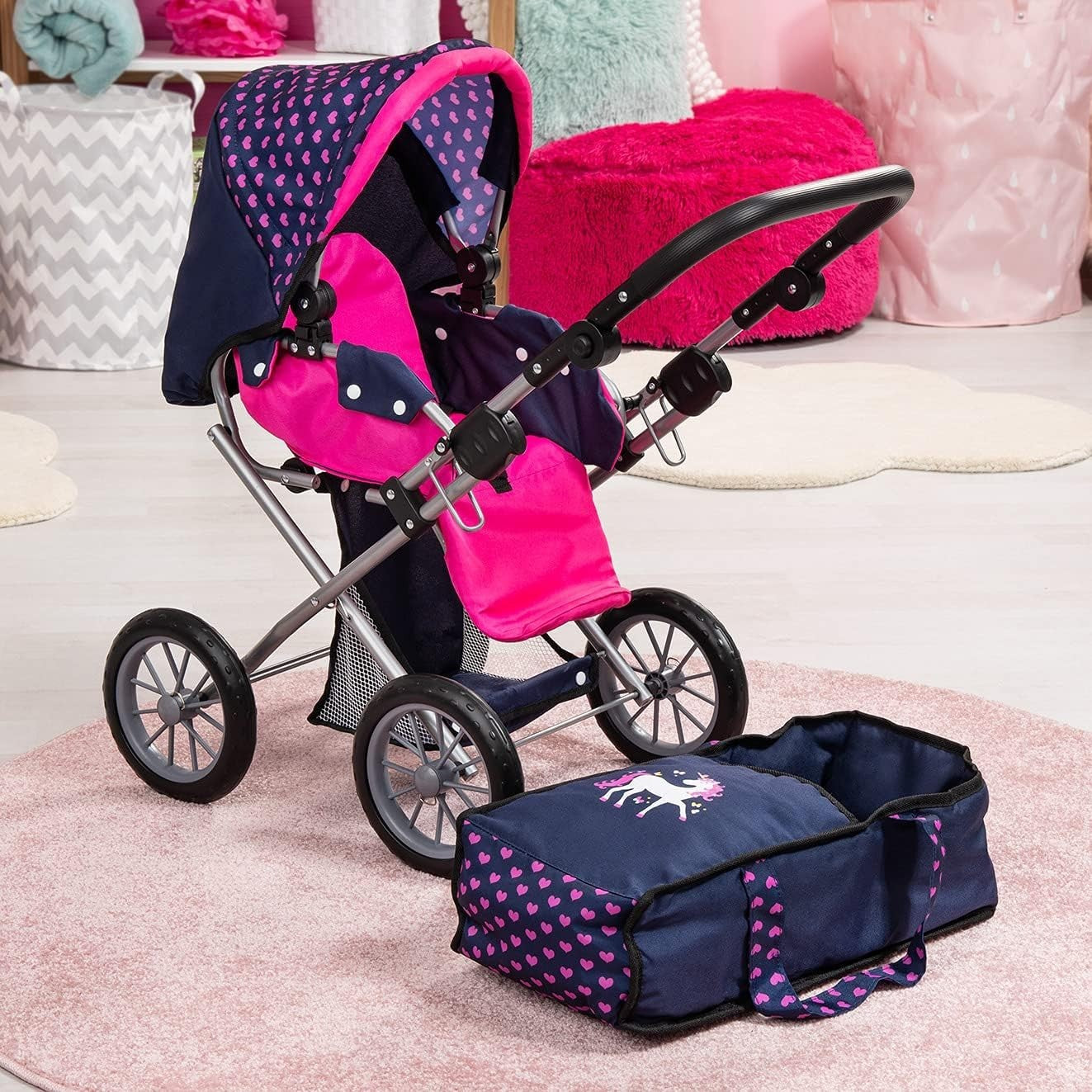Unicorn Doll Pram Convertible Stroller Adjustable Handle Basket Bag