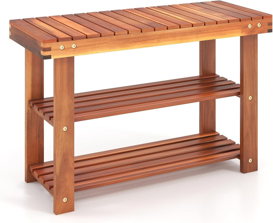 70cm Acacia Wood 3-Tier Shoe Rack Bench – Hallway Storage Seat