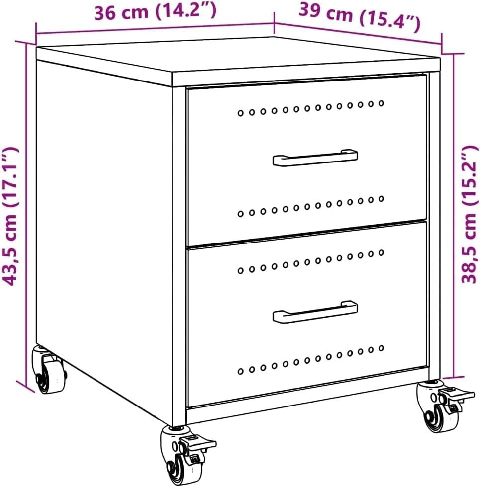 Set of 2 Grey Metal Bedside Tables with Wheels | Modern Mobile Nightstands