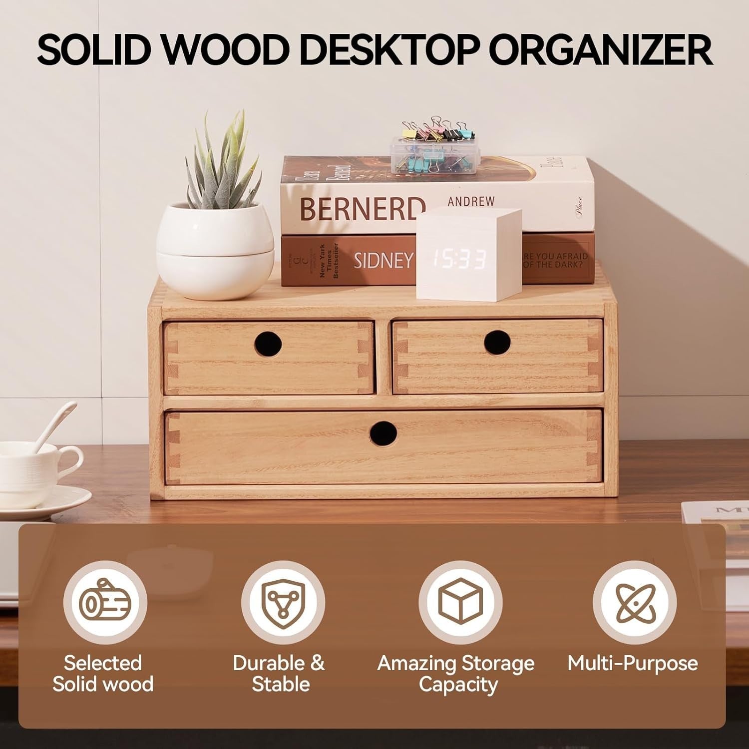 Natural Wood Desktop Organizer 3 Drawer Filing Box 35cm Office Storage