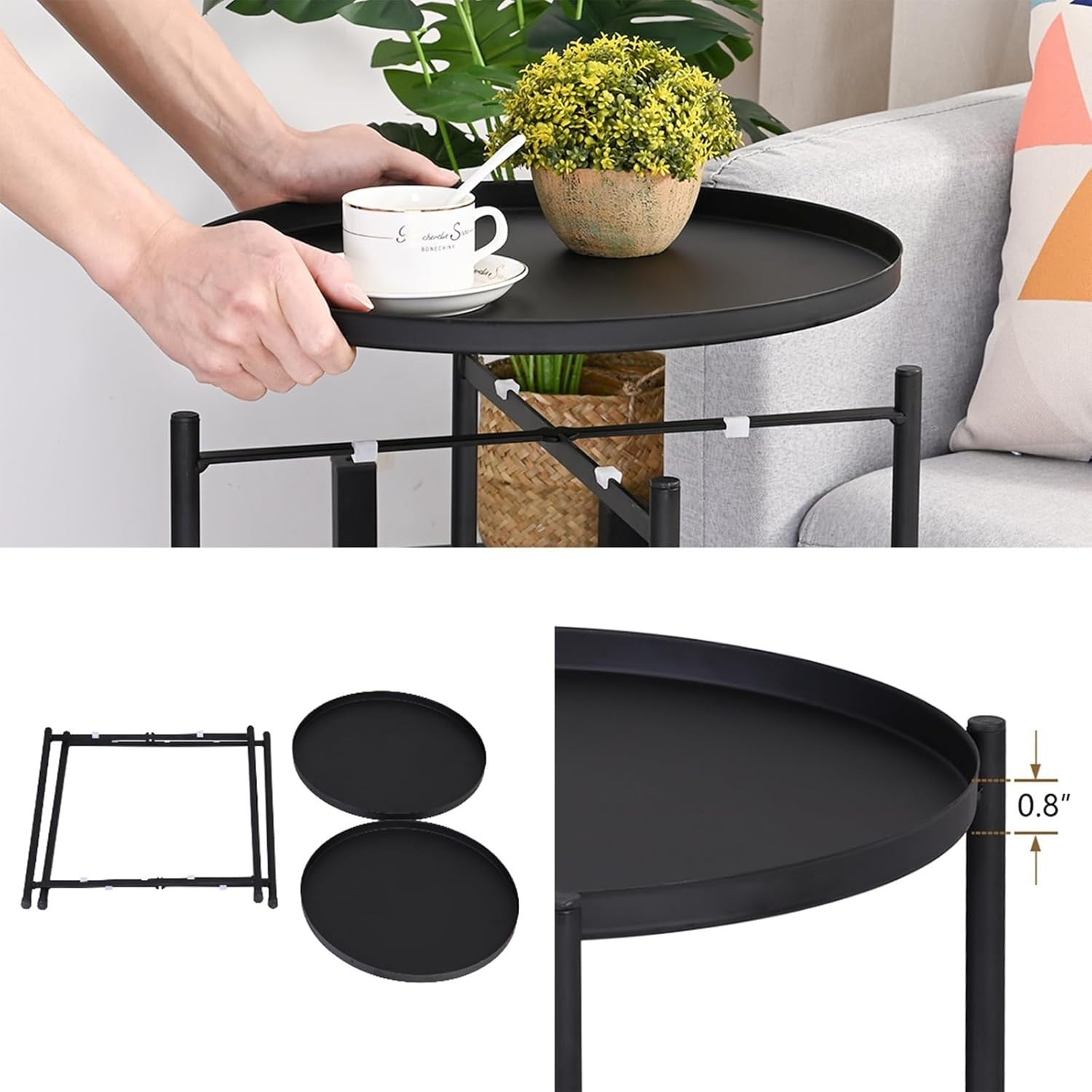 2-Tier Round Side Table with Removable Metal Tray, Sturdy Anti-Rust Coffee Table