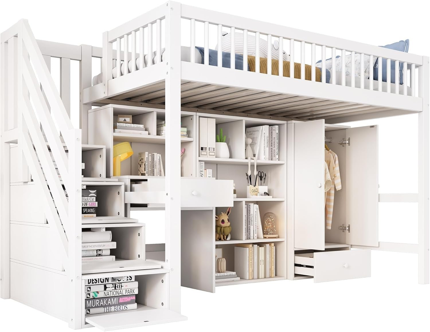 Kids Loft Bed with Desk Wardrobe Drawers Stairs Storage 3FT 90x190cm