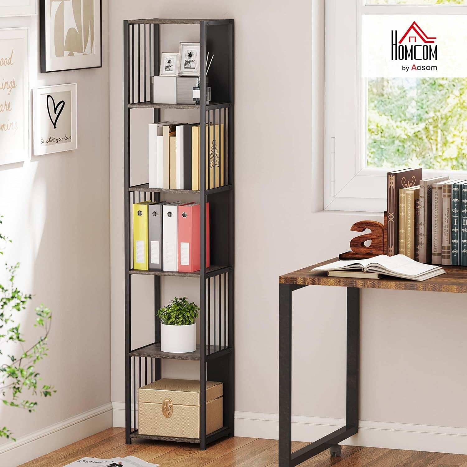 Tall 5-Tier Metal Frame Bookcase Modern Open Display Shelf Unit – Grey