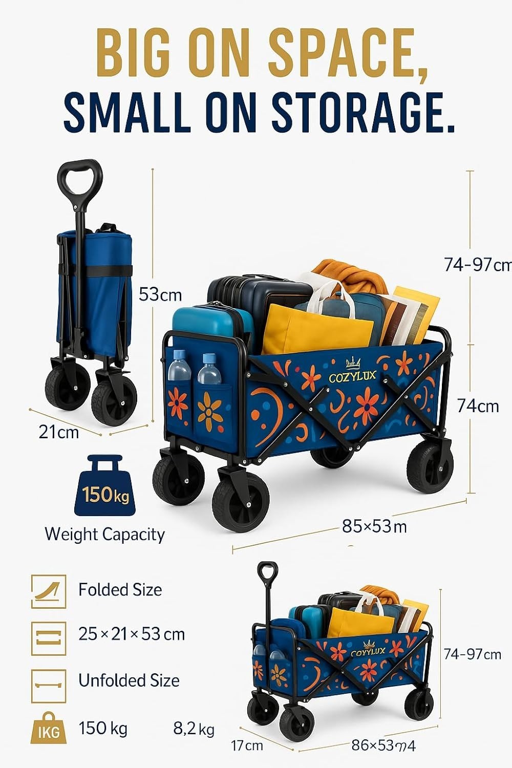 Collapsible Festival Garden Wagon Cart All Terrain Wheels Floral Pattern Navy