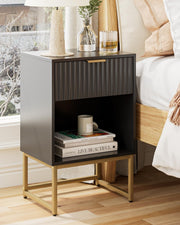 Modern Black Fluted Bedside Table with Drawer & Shelf – Gold Metal Legs