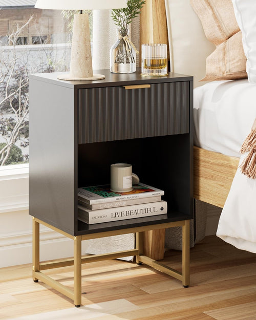 Modern Black Fluted Bedside Table with Drawer & Shelf – Gold Metal Legs