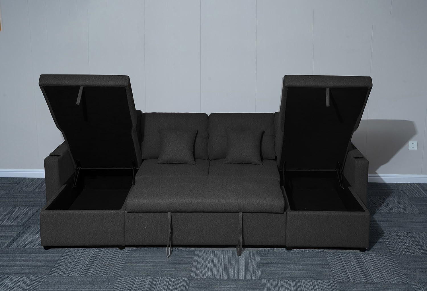 Black Fabric U-Shaped 4 Seater Sofa Bed with Storage & Pull-Out Bed