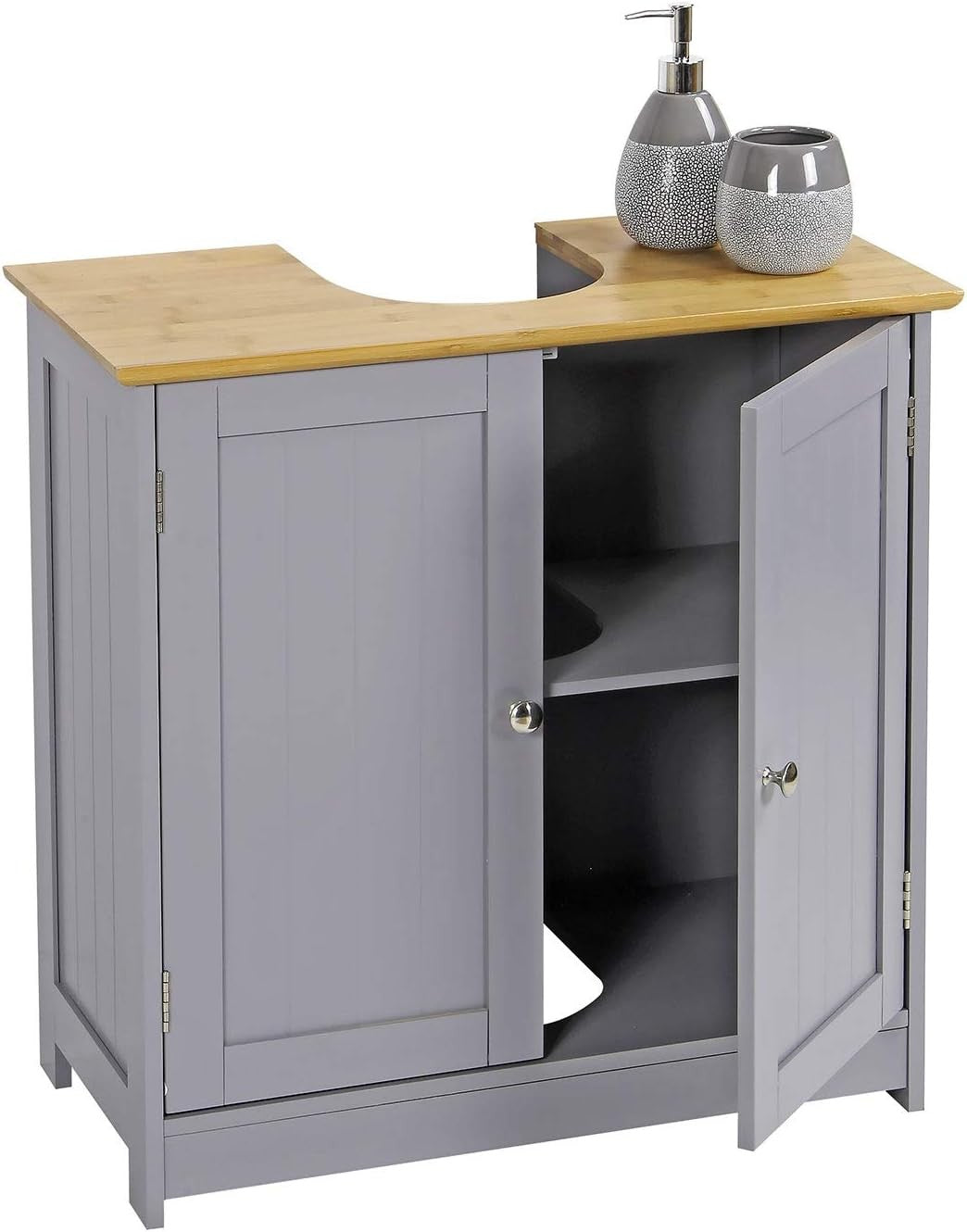 Modern Grey Bathroom Vanity Unit Bamboo Top Under Sink Storage Cabinet