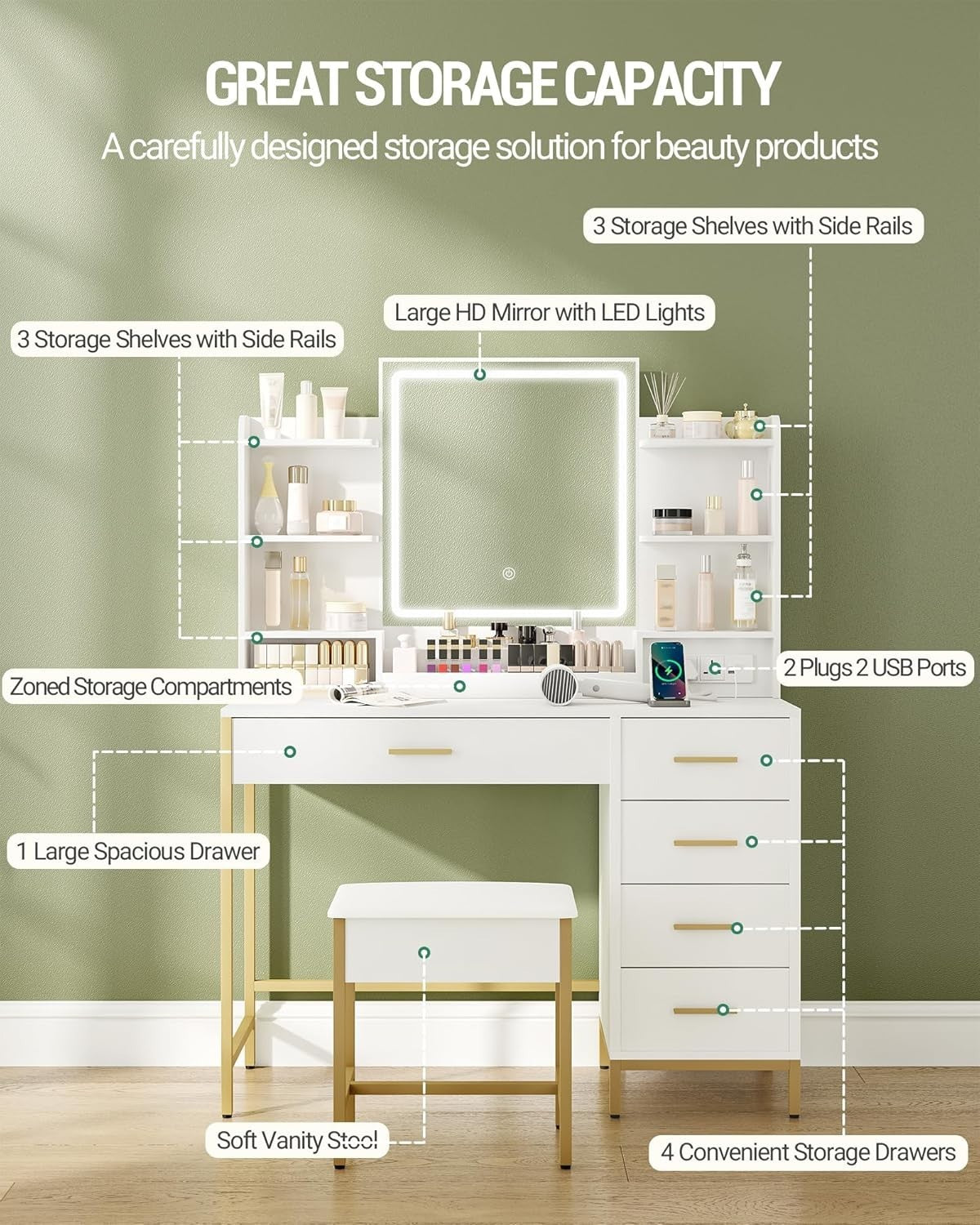 Gold Vanity Dressing Table Set Makeup Desk LED Mirror 5 Drawers Stool White