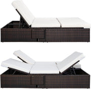 Rattan Double Recliner Sun Lounger for 2 – 5-Position Daybed w/ Cushions & Side