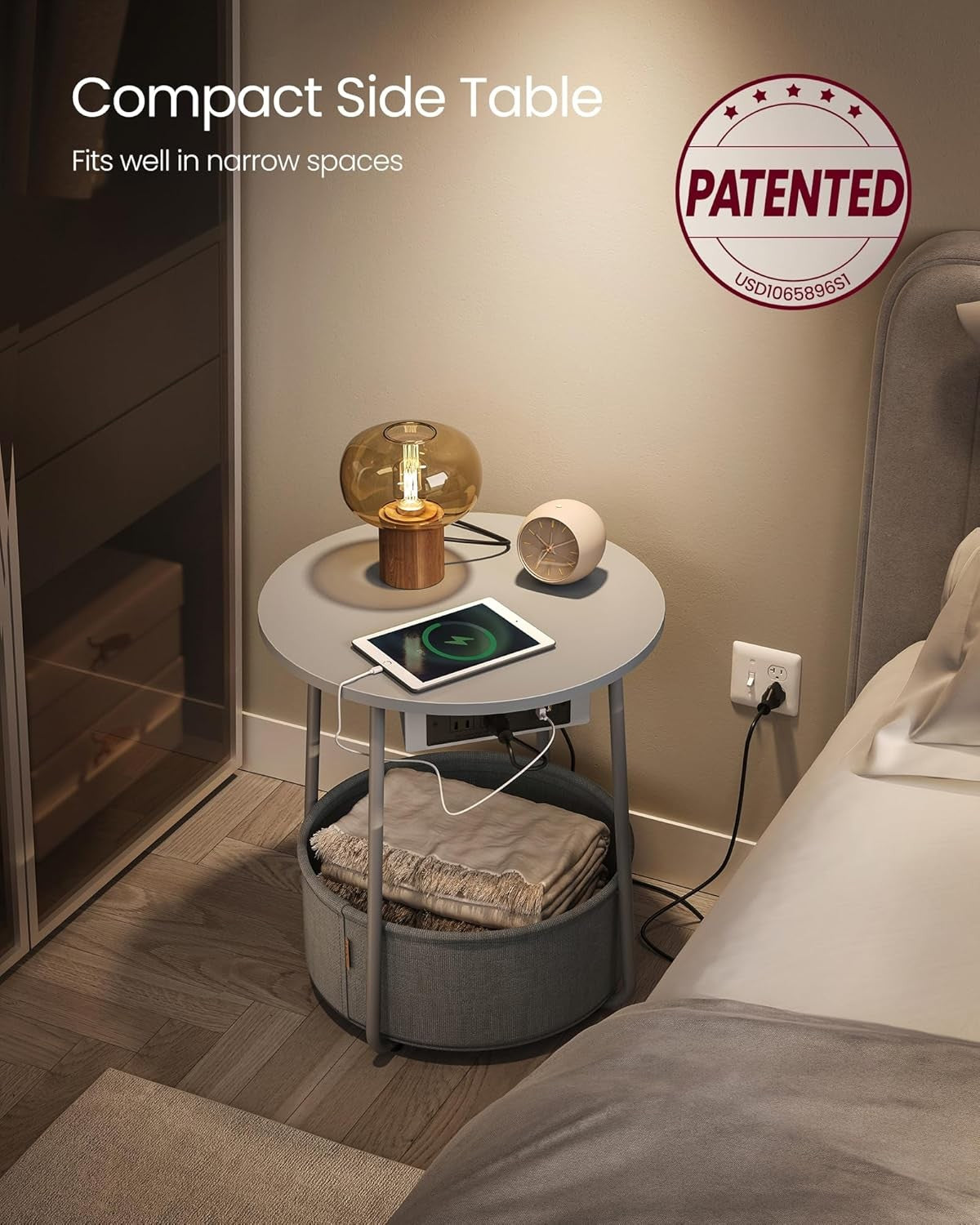 Grey Round Bedside Table with Charging Station & Fabric Basket Storage