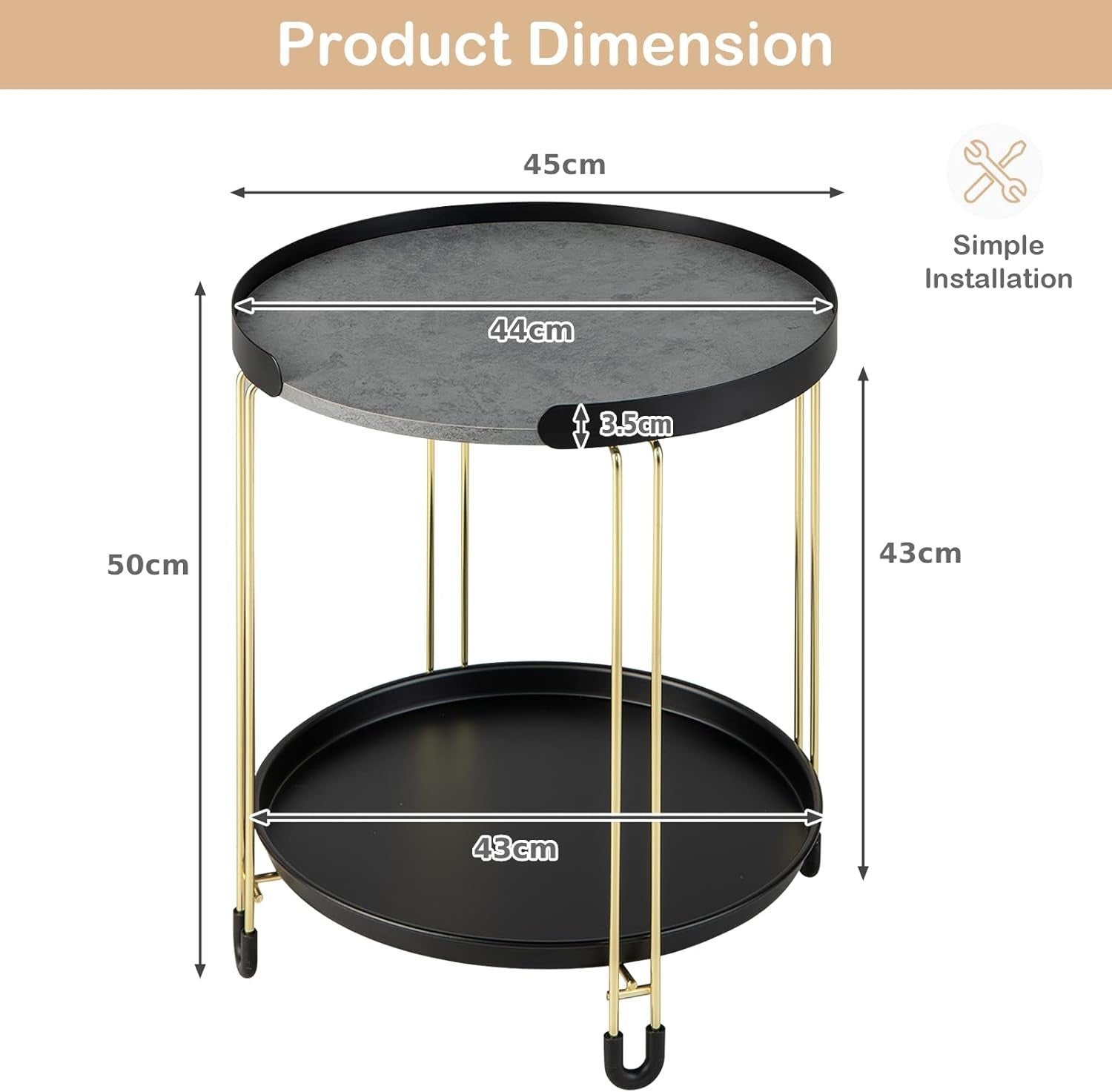 Round Marble Side Table Black Gold | 2-Tier Sofa End Table with Tray & Wheels