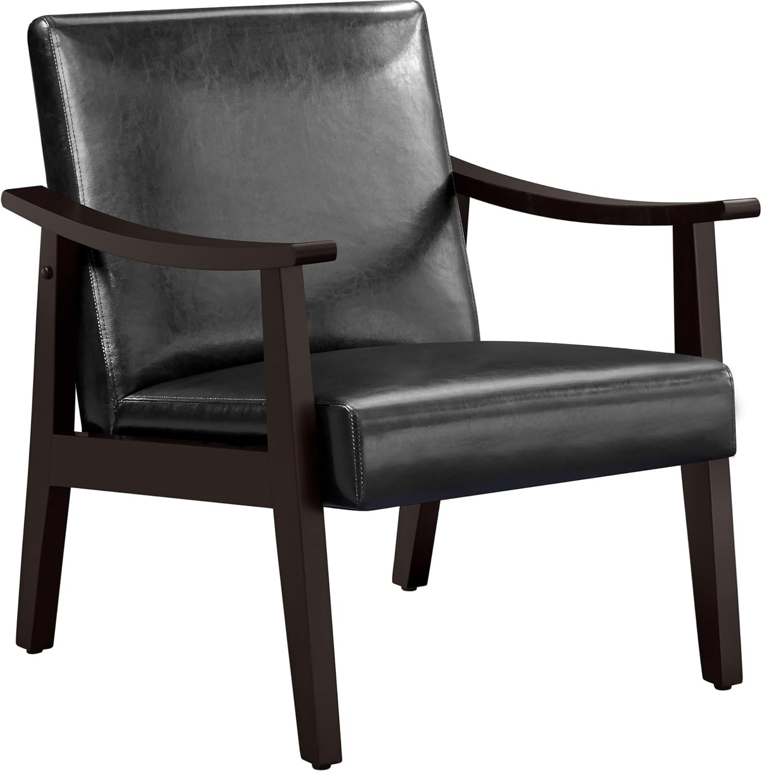Black Faux Leather Accent Chair – Modern Armchair w/ Rubber Wood Legs