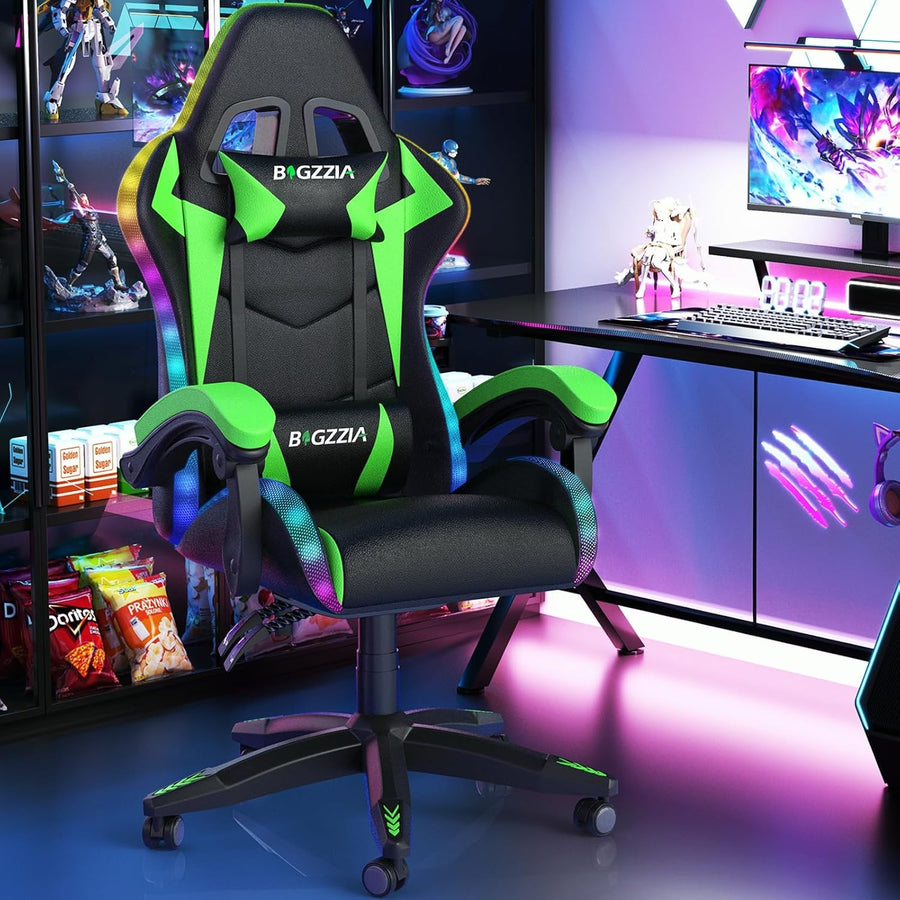 RGB LED Gaming Chair Reclining PU Leather Ergonomic Green